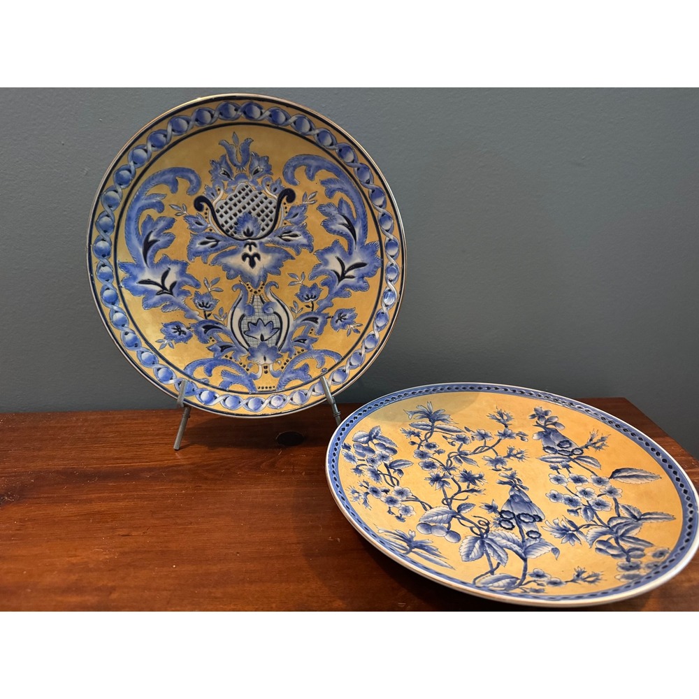 Oriental Accent Blue Yellow Chinoiserie Floral Decorative Plates Set of 2 10"
